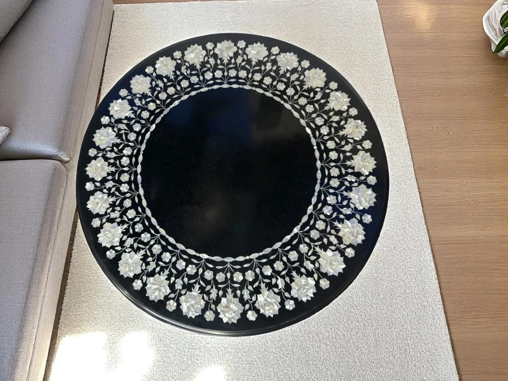 Circular Marble Table with Floral Mop Inlay Marquetry Design